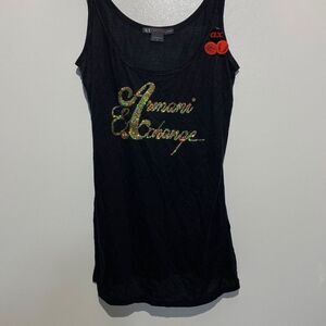 Armani Exchange Women's Sequined Logo Scoop Neck Tank Top Black Gold Size Large